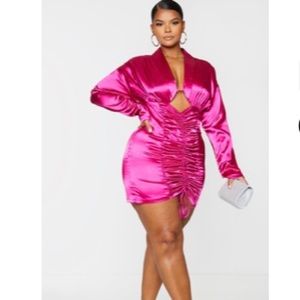 Fuchsia Ruched Satin Cut Out Dress